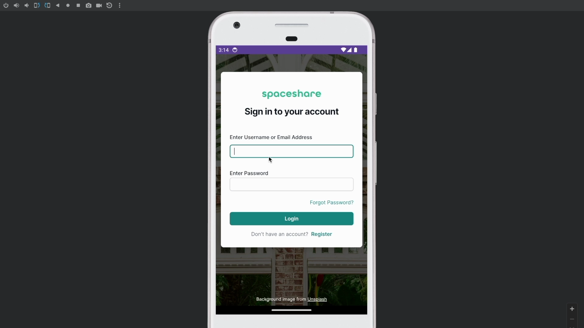 SpaceShare Mobile Login Screen